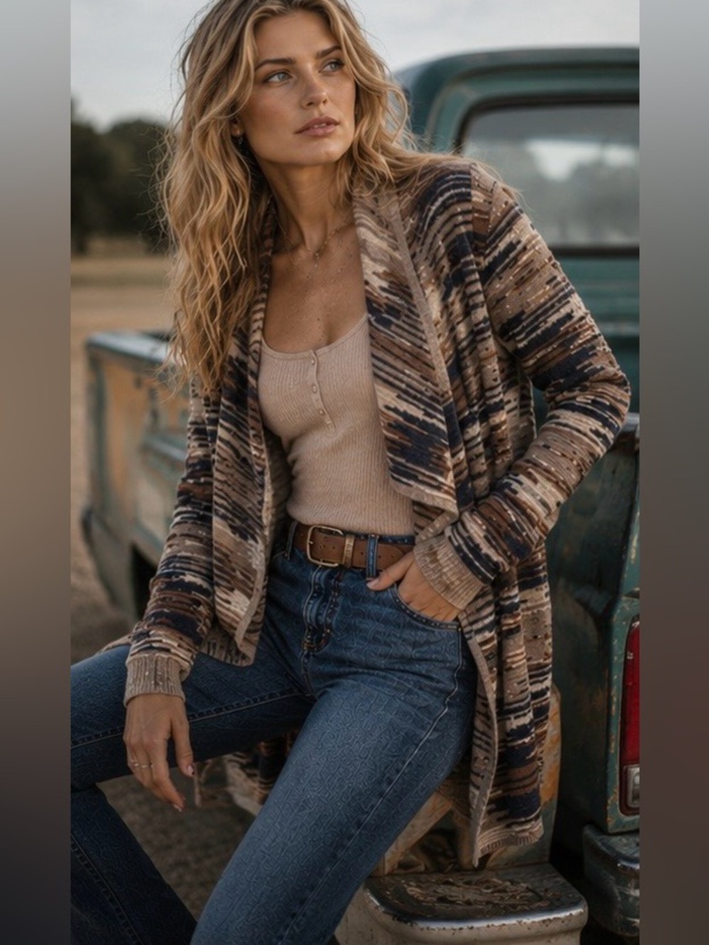 Lucky Brand Southwestern Open Shawl Cardigan Sweater Beige Cream Tan S